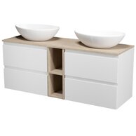 Nábytkový set Cersanit Moduo 140, skříňka 60 pod desku bílá 2x, skříňka 20 pod desku otevřená dub, deska 140 horní dub, umyvadlo Moduo 55 na desku nepravidelné bílé 2x