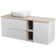 Skříňka Cersanit Moduo 60 pod desku bílá, skříňka 20 pod desku cargo bílá, skříňka 20 pod desku otevřená dub, skříňka 40 pod desku s košem na prádlo bílá, deska 140 horní dub, umyvadlo Moduo 50 na desku obdélníkové bílé