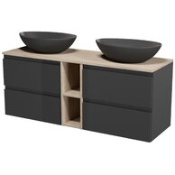 Nábytkový set Cersanit Moduo 140, skříňka 60 pod desku antracitové 2x, skříňka 20 pod desku otevřená dub, deska 140 horní dub, umyvadlo Moduo 55 na desku nepravidelné antracitové 2x