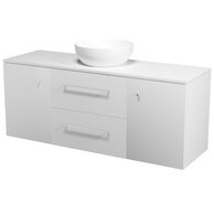 Skříňka Cersanit Larga 60 pod desku bílá, skříňka 40 pod desku s dvířky bílá 2x, deska 140 horní bílá, umyvadlo Larga 40 na desku kulaté bílé, úchytky chrom