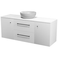 Skříňka Cersanit Larga 60 pod desku bílá, skříňka 40 pod desku s dvířky bílá 2x, deska 140 horní bílý mramor, umyvadlo Larga 40 na desku kulaté šedé, úchytky černé