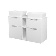 Nábytkový set Cersanit City 120, skříňka 50 pod desku bílá 2x, skříńka 20 pod desku otevřená bílá, deska 120 horní bílá, umyvadlo City 50 na desku obdélníkové bílé 2x, úchytky chrom