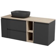 Nábytkový set Cersanit Moduo 140, skříňka 60 pod desku antracitová, skříňka 20 pod desku cargo antracitová, skříňka 20 pod desku otevřená dub, skříňka 40 pod desku s košem na prádlo antracitová, deska 140 horní dub, umyvadlo Moduo 50 na desku obdélníkové 