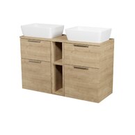 Nábytkový set Cersanit City 120, skříňka 50 pod desku dub 2x, skříńka 20 pod desku otevřená dub, deska 120 horní dub, umyvadlo City 50 na desku obdélníkové bílé 2x, úchytky chrom