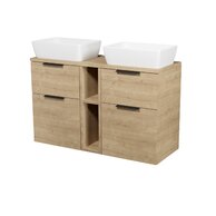 Nábytkový set Cersanit City 120, skříňka 50 pod desku dub 2x, skříńka 20 pod desku otevřená dub, deska 120 horní dub, umyvadlo City 50 na desku obdélníkové bílé 2x, úchytky černé