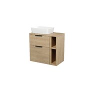 Skřííňka Cersanit City 60 pod desku dub, skříňka 20 pod desku otevřená dub, deska 80 horní dub, umyvadlo City 60 na desku obdélníkové bílé, úchytky černé