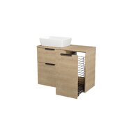 Skřííňka Cersanit City 60 pod desku dub, skříňka 40 pod desku s košem na prádlo dub, deska 100 horní dub, umyvadlo City 60 na desku obdélníkové bílé, úchytky černé