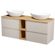 Nábytkový set Cersanit Moduo 140, skříňka 60 pod desku kašmír 2x, skříňka 20 pod desku otevřená dub hikora, deska 140 horní dub hikora, umyvadlo Moduo 55 na desku nepravidelné bílé 2x