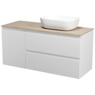 Nábytkový set Cersanit Moduo 120, skříňka 80 pod desku bílá, skříňka 40 pod desku s košem na prádlo bílá, deska 120 horní dub, umyvadlo Moduo 50 na desku obdélníkové bílé