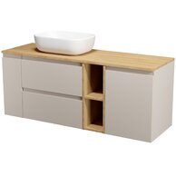 Nábytkový set Cersanit Moduo 140, skříňka 60 pod desku kašmír, skříňka 20 pod desku cargo kašmír, skříňka 20 pod desku otevřená dub hikora, skříňka 40 pod desku s košem na prádlo, deska 140 horní dub hikora, umyvadlo Moduo 50 na desku obdélníkové bílé