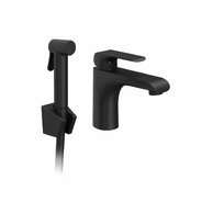 Baterie Ravak Flat umyvadlová, stojánková 150 mm s bidetovou sprškou a držákem, bez výpusti, černá, X070439