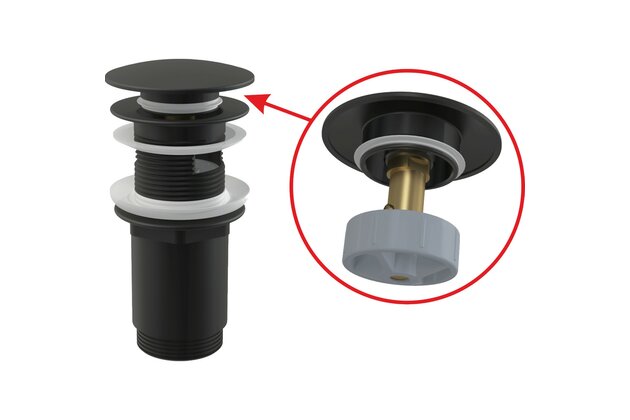 Výpust umyvadlová Alcadrain černá CLICK/CLACK 5/4" celokovová s přepadem, velká zátka A392BLACK