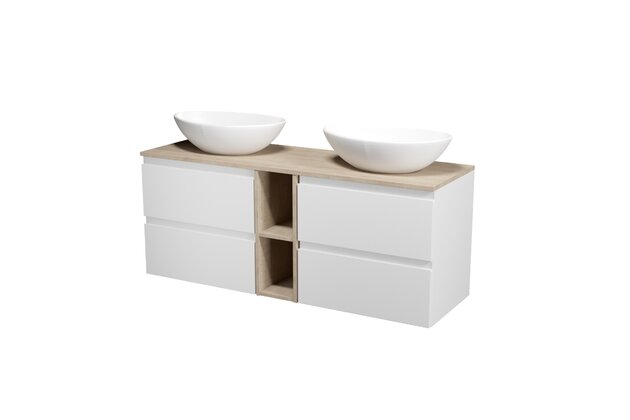 Nábytkový set Cersanit Moduo 140, skříňka 60 pod desku bílá 2x, skříňka 20 pod desku otevřená dub, deska 140 horní dub, umyvadlo Moduo 55 na desku nepravidelné bílé 2x