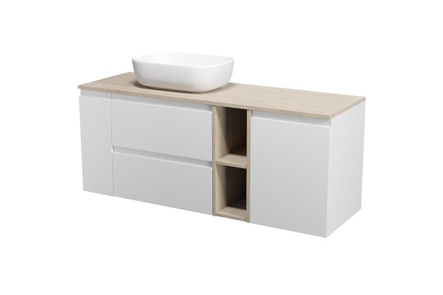 Skříňka Cersanit Moduo 60 pod desku bílá, skříňka 20 pod desku cargo bílá, skříňka 20 pod desku otevřená dub, skříňka 40 pod desku s košem na prádlo bílá, deska 140 horní dub, umyvadlo Moduo 50 na desku obdélníkové bílé