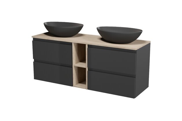 Nábytkový set Cersanit Moduo 140, skříňka 60 pod desku antracitové 2x, skříňka 20 pod desku otevřená dub, deska 140 horní dub, umyvadlo Moduo 55 na desku nepravidelné antracitové 2x