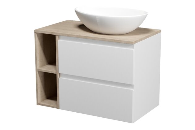 Nábytkový set Cersanit Moduo 80, skříňka 60 pod desku bílá, skříňka 20 pod desku otevřená dub, deska 80 horní dub, umyvadlo Moduo 55 na desku nepravidelné bílé