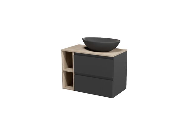 Nábytkový set Cersanit Moduo 80, skříňka 60 pod desku antracitová, skříňka 20 pod desku otevřená dub, deska 80 horní dub, umyvadlo Moduo 55 na desku nepravidelné antracitové