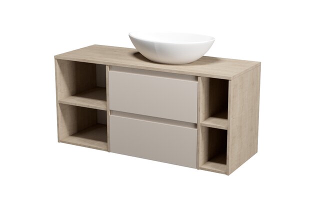 Nábytkový set Cersanit Moduo 120, skříňka 60 pod desku kašmír, skříňka 40 pod desku otevřená dub, skříňka 20 pod desku dub, deska 120 dub, umyvadlo Moduo 55 na desku nepravidelné bílé