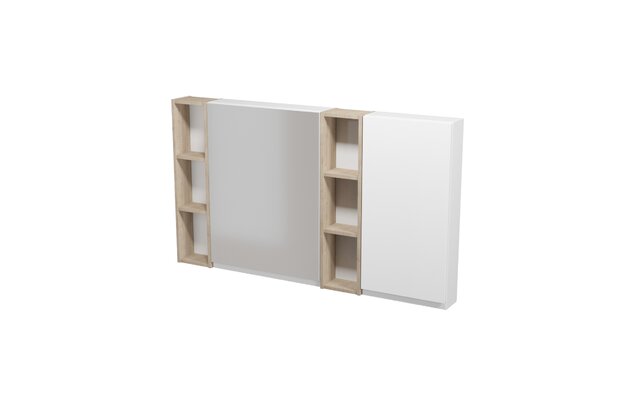 Nábytkový set Cersanit Moduo 140, skříňka 60 zrcadlová závěsná bílá, skříňka 20 horní závěsná otevřená dub 2x, skříňka 40 závěsná horní bílá