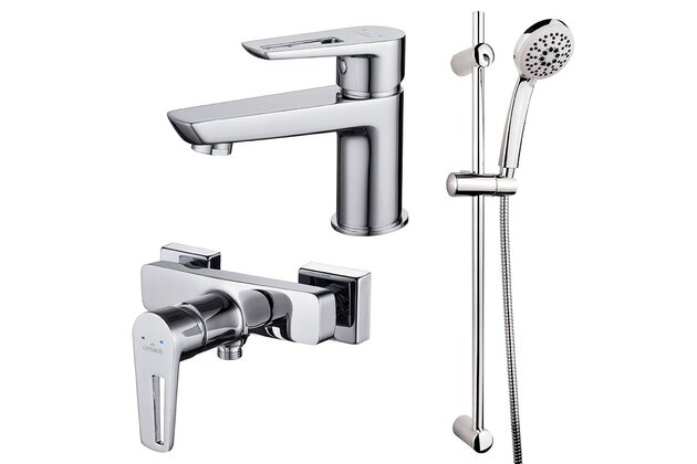 Set baterií Cersanit Mille umyvadlová a vanová, sprchová, sprchový set Vibe, chrom, S952‑004