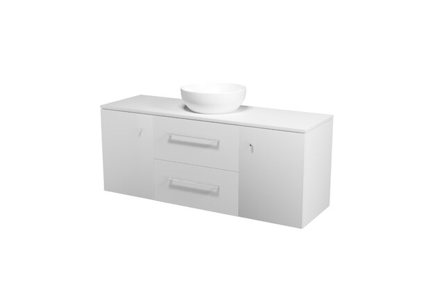 Nábytkový set Cersanit Larga 140, skříňka 60 pod desku bílá, skříňka 40 pod desku s dvířky bílá 2x, deska 140 horní bílá, umyvadlo Larga 40 na desku kulaté bílé, úchytky chrom