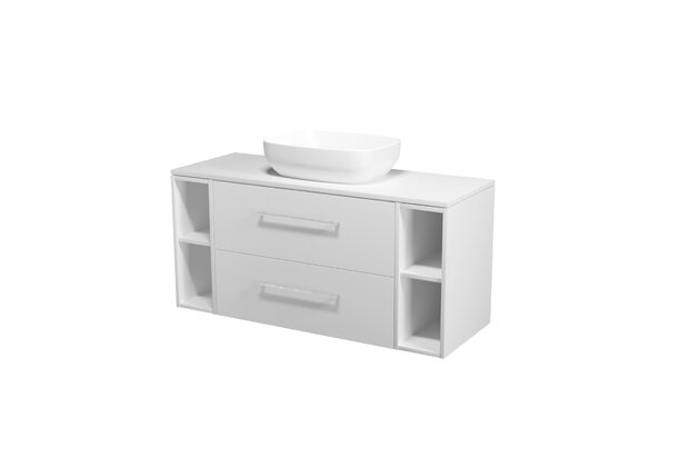 Nábytkový set Cersanit Larga 120, skříňka 80 pod desku bílá, skříňka 20 pod desku otevřená bílá 2x, deska 120 horní bílá, umyvadlo Larga 50 na desku obdélníkové bílé, úchytky chrom