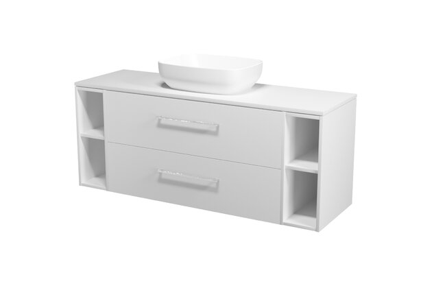 Nábytkový set Cersanit Larga 140, skříňka 100 pod desku bílá, skříňka 20 pod desku otevřená bílá 2x, deska 140 horní bílá, umyvadlo Larga 50 na desku obdélníkové bílé, úchytky chrom