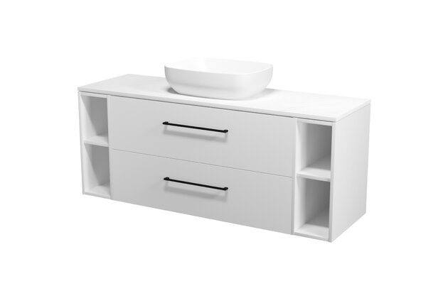 Nábytkový set Cersanit Larga 140, skříňka 100 pod desku bílá, skříňka 20 pod desku otevřená bílá 2x, deska 140 horní bílý mramor, umyvadlo Larga 50 na desku obdélníkové bílé, úchytky černé