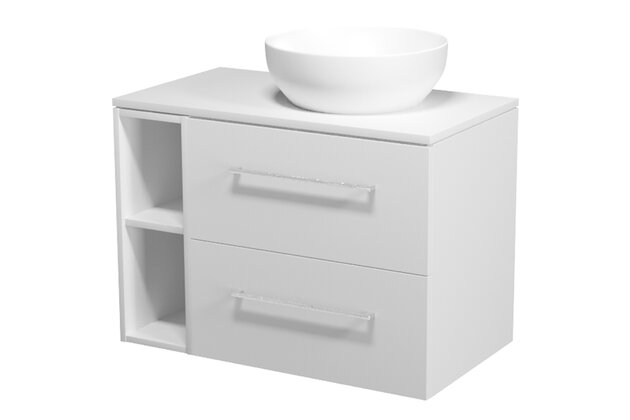 Nábytkový set Cersanit Larga 80, skříňka 60 pod desku bílá, skříňka 20 pod desku otevřená bílá, deska 80 horní bílá, umyvadlo Larga 40 na desku kulaté bílé, úchytky chrom