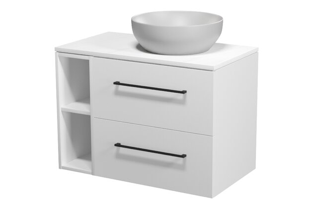 Nábytkový set Cersanit Larga 80, skříňka 60 pod desku bílá, skříňka 20 pod desku otevřená bílá, deska 80 horní bílý mramor, umyvadlo Larga 40 na desku kulaté šedé, úchytky černé