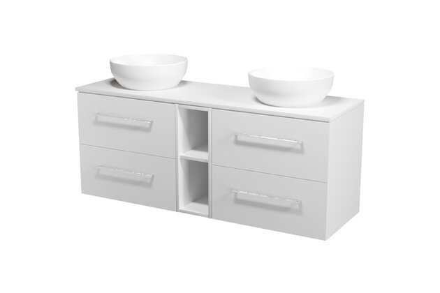 Nábytkový set Cersanit Larga 140, skříňka 60 pod desku bílá 2x, skříňka 20 pod desku otevřená bílá, deska 140 horní bílá, umyvadlo Larga 40 na desku bílé 2x, úchytky chrom