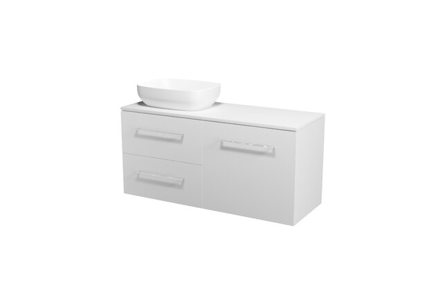 Nábytkový set Cersanit Larga 120, skříňka 60 pod desku bílá, skříňka 60 pod desku s košem na prádlo bílá, deska 120 horní bílá, umyvadlo Larga 50 na desku obdélníkové bílé, úchytky chrom