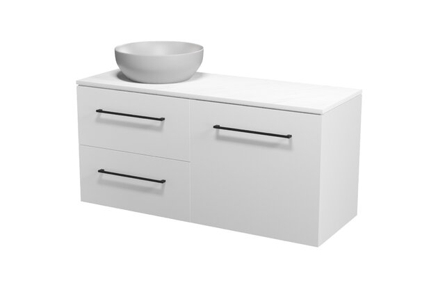 Nábytkový set Cersanit Larga 120, skříňka 60 pod desku bílá, skříňka 60 pod desku s košem na prádlo bílá, deska 120 horní bílý mramor, umyvadlo Larga 50 na desku kulaté šedé, úchytky černé