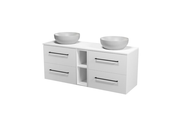 Nábytkový set Cersanit Larga 140, skříňka 60 pod desku bílá 2x, skříňka 20 pod desku otevřená bílá, deska 140 horní bílý mramor, umyvadlo Larga 40 na desku šedé 2x, úchytky černé