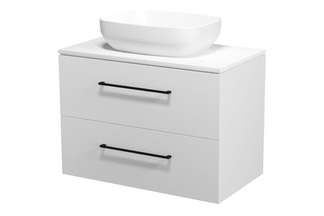 Nábytkový set Cersanit Larga 80, skříňka 80 pod desku bílá, deska 80 horní bílý mramor, umyvadlo Larga 50 na desku obdélníkové bílé, úchytky černé