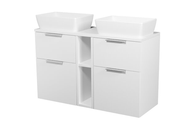 Nábytkový set Cersanit City 120, skříňka 50 pod desku bílá 2x, skříńka 20 pod desku otevřená bílá, deska 120 horní bílá, umyvadlo City 50 na desku obdélníkové bílé 2x, úchytky chrom