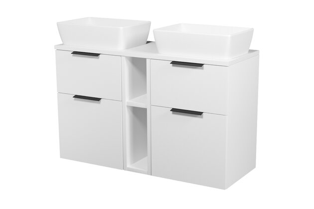 Nábytkový set Cersanit City 120, skříňka 50 pod desku bílá 2x, skříńka 20 pod desku otevřená bílá, deska 120 horní bílá, umyvadlo City 50 na desku obdélníkové bílé 2x, úchytky černé