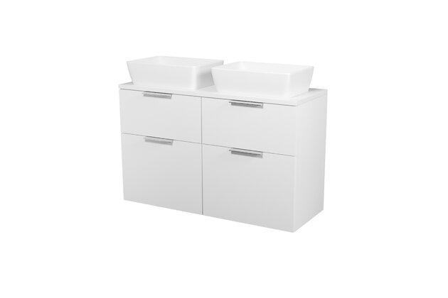 Nábytkový set Cersanit City 120, skříňka 60 pod desku bílá 2x, deska 120 horní bílá, umyvadlo City 50 na desku obdélníkové bílé 2x, úchytky chrom