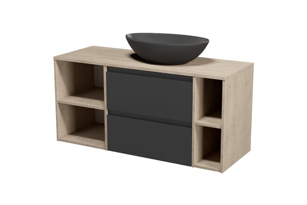 Nábytkový set Cersanit Moduo 120, skříňka 60 pod desku antracitová, skříňka 40 pod desku otevřená dub, skříňka 20 pod desku dub, deska 120 dub, umyvadlo Moduo 55 na desku nepravidelné antracitové