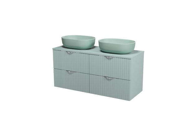 Nábytkový set Cersanit Tirso 120, skříňka 60 pod desku fjord 2x , deska 120 horní fjord, umyvadlo Moduo 50 na desku oválné zelené matné 2x, výpust umyvadlová zelená matná 2x