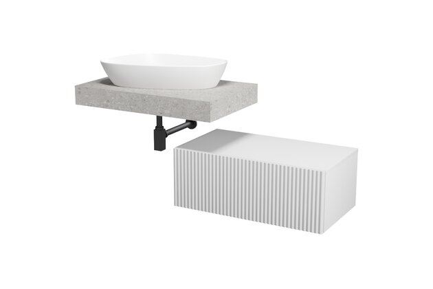 Nábytkový set Cersanit Kontra 80, skříňka 80 pod desku bílá, deska 80 nábytková bílá, deska 80 pod umyvadlo šedý kámen, umyvadlo Kontra 60 na desku nepravidelné bílé, sfion Inverto černý hranatý, výpust umyvadlová bílá