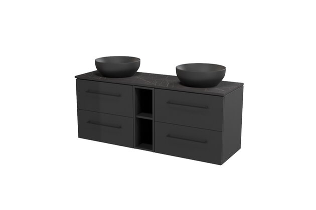 Nábytkový set Cersanit Larga 140, skříňka 60 pod desku antracitová 2x, skříňka 20 pod desku otevřená antracitová, deska 140 horní černý mramor, umyvadlo Larga 40 na desku antracitové 2x, úchytky černé