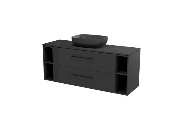 Nábytkový set Cersanit Larga 140, skříňka 100 pod desku antracitová, skříňka 20 pod desku otevřená antracitová 2x, deska 140 horní černý mramor, umyvadlo Larga 50 na desku obdélníkové antracitové, úchytky černé