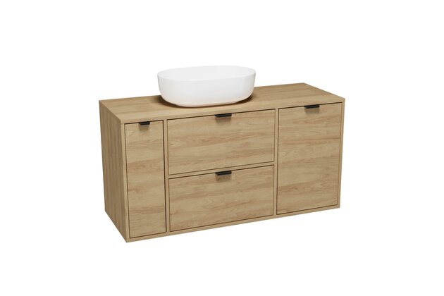 Nábytkový set Cersanit Atrato 120, skříňka 60 pod desku dub, skříňka 20 cargo pod desku dub, skříňka 40 s košem pod desku dub, deska 120 dub, umyvadlo Moduo 50 na desku oválné bílé