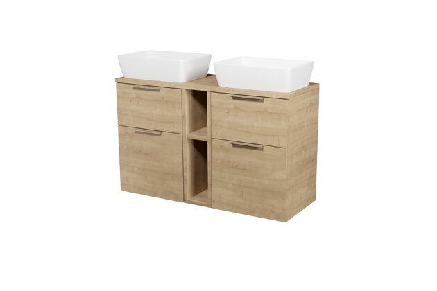 Nábytkový set Cersanit City 120, skříňka 50 pod desku dub 2x, skříńka 20 pod desku otevřená dub, deska 120 horní dub, umyvadlo City 50 na desku obdélníkové bílé 2x, úchytky chrom