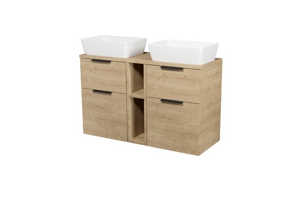 Nábytkový set Cersanit City 120, skříňka 50 pod desku dub 2x, skříńka 20 pod desku otevřená dub, deska 120 horní dub, umyvadlo City 50 na desku obdélníkové bílé 2x, úchytky černé