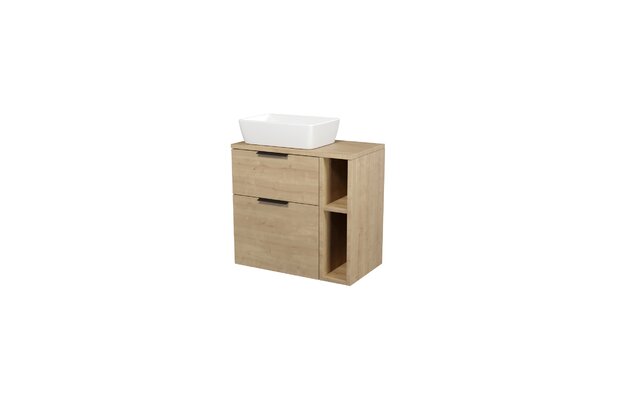 Skřííňka Cersanit City 60 pod desku dub, skříňka 20 pod desku otevřená dub, deska 80 horní dub, umyvadlo City 60 na desku obdélníkové bílé, úchytky černé