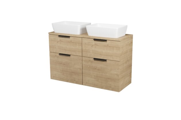 Nábytkový set Cersanit City 120, skříňka 60 pod desku dub 2x, deska 120 horní dub, umyvadlo City 50 na desku obdélníkové bílé 2x, úchytky černé