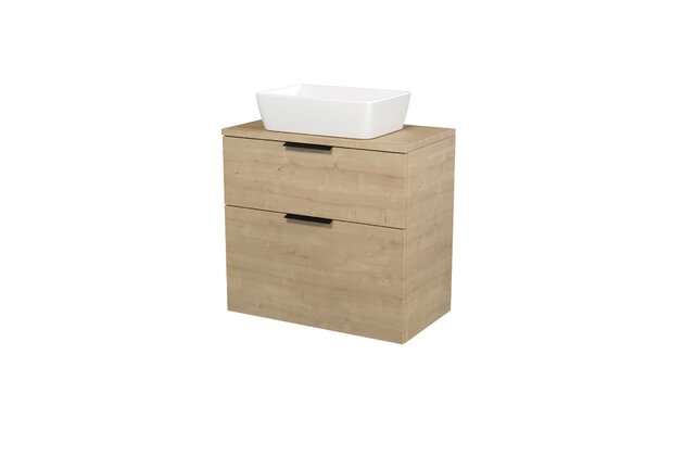 Nábytkový set Cersanit City 80, skříňka 80 pod desku dub, deska 80 horní dub, umyvadlo City 60 na desku obdélníkové bílé,úchytky černé