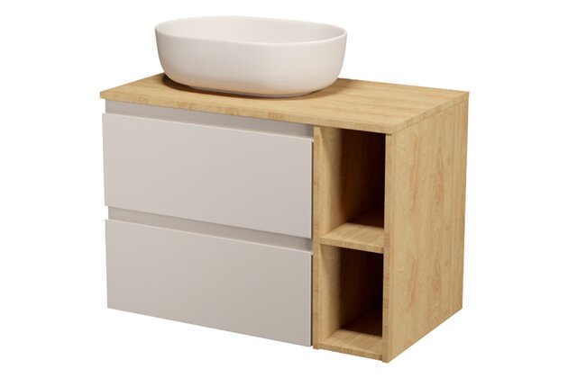 Nábytkový set Cersanit Moduo 80, skříňka 60 pod desku kašmír, skříňka 20 pod desku otevřená dub hikora, deska 80 horní dub hikora, umyvadlo Moduo 50 na desku oválné béžové